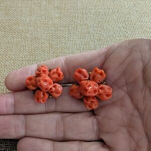 vintage red bead cluster clip-on earrings